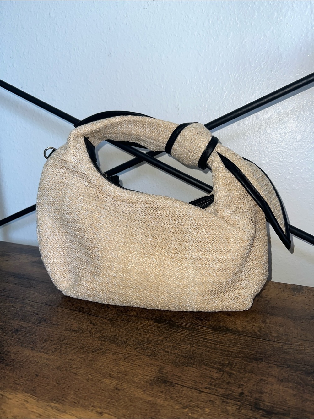 Woven Beige Knot-Handle bag with long strap